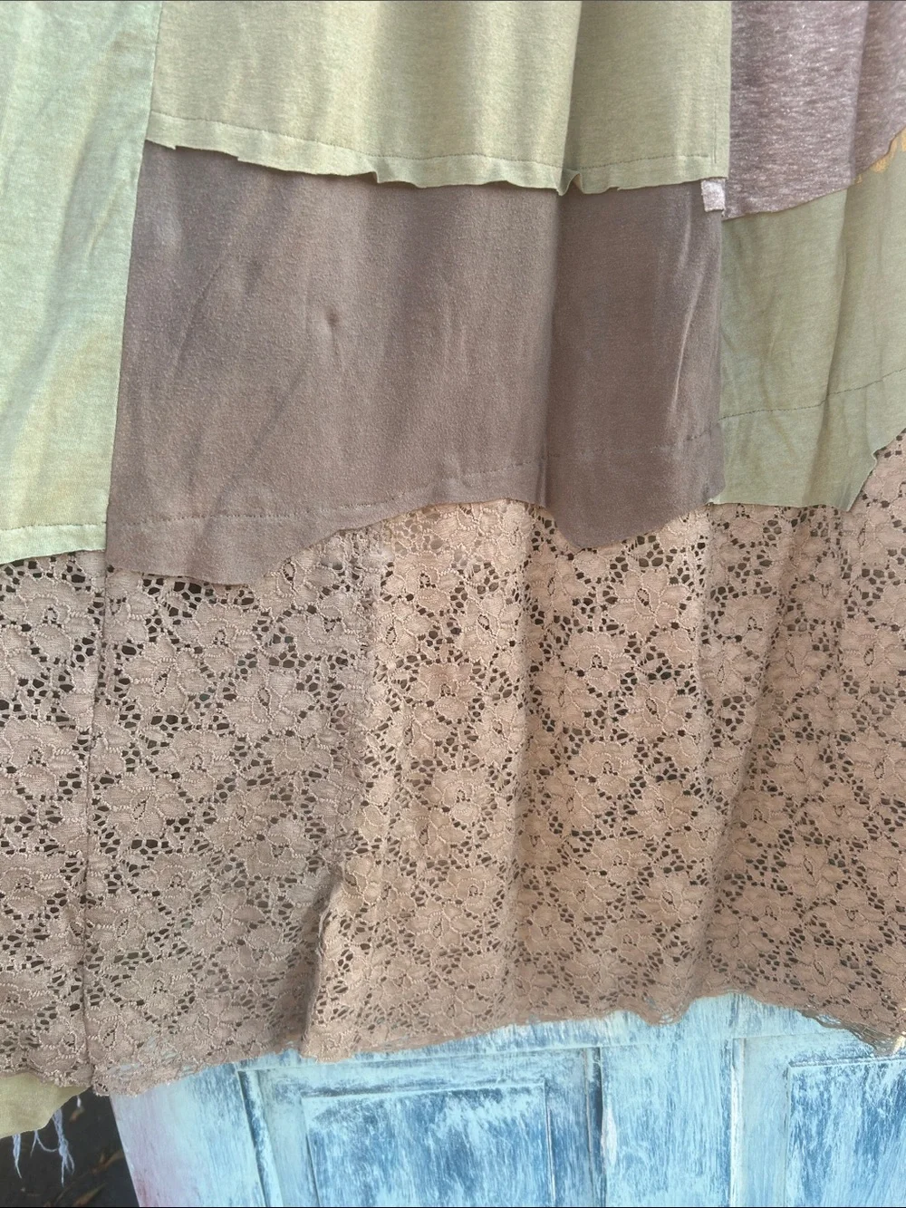 Upcycled camouflage and lace patchwork t shirt maxi skirt